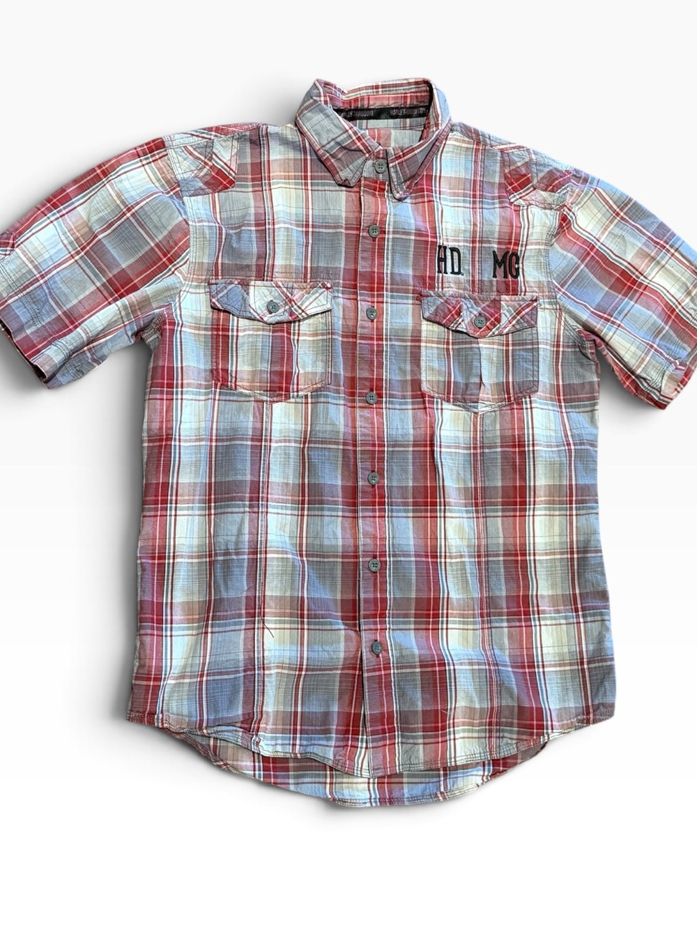 Harley Davidson Men’s Medium Short Sleeve Button Up Shirt Red Gray Plaid